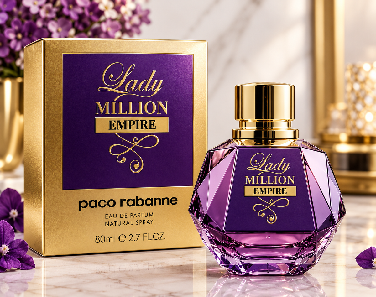 Paco Rabanne Lady Million Empire Eau de Parfum 2.7 oz 80 mL purple perfume bottle with gold packaging.