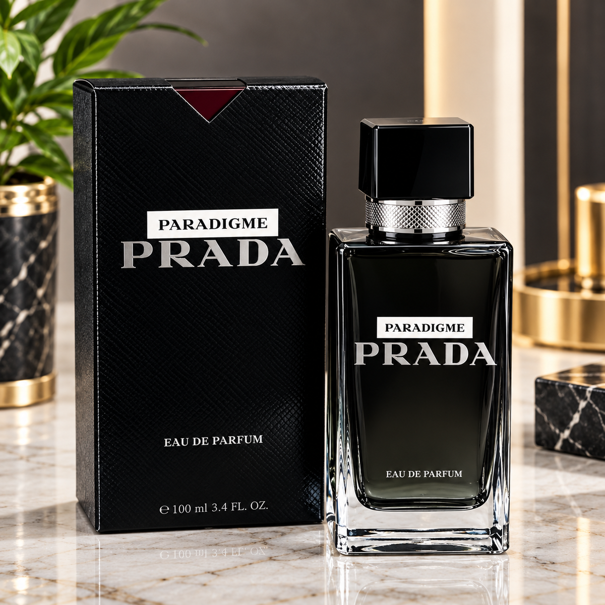 Prada Paradigme Eau de Parfum 100 ml black perfume bottle and matching luxury presentation box.