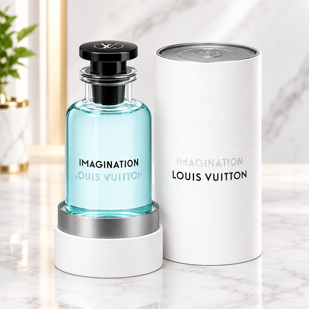 Louis Vuitton Imagination perfume bottle with matching cylindrical presentation case on a white background.