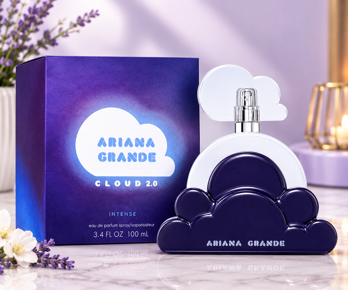 Ariana Grande Cloud 2.0 Intense Eau de Parfum, 100 ml (3.4 fl oz), featuring a purple box and decorative cloud-shaped perfume bottle.