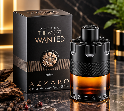  Azzaro The Most Wanted Parfum for Men 3.38 oz 100 mL black and amber fragrance bottle with matching black presentation box.
