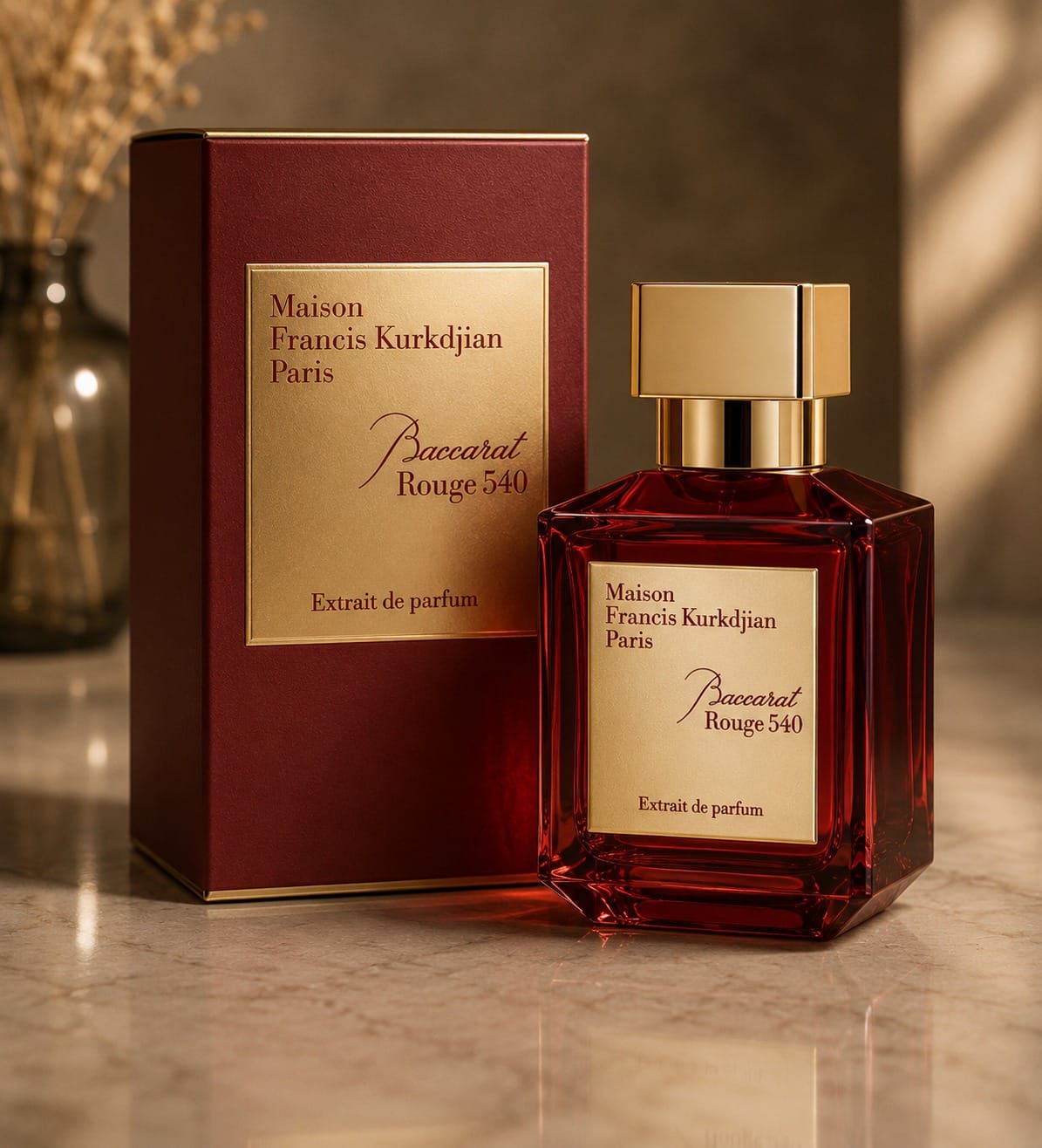 Baccarat Rouge 540 Extrait de Parfum red fragrance bottle with gold cap and burgundy presentation box.