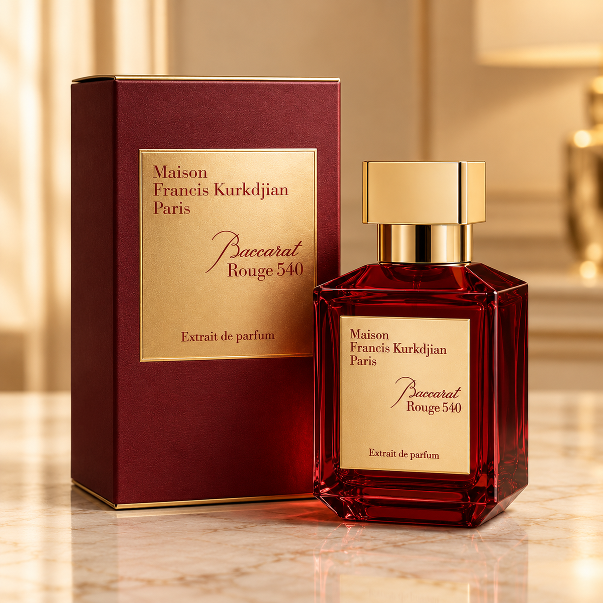 Baccarat Rouge 540 Extrait de Parfum red fragrance bottle with gold cap and burgundy presentation box.