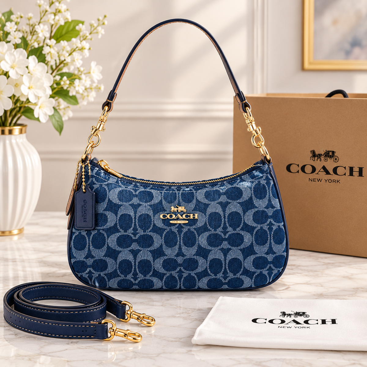 Blue Coach signature-style shoulder bag with gold-tone hardware, curved silhouette, shoulder strap, and additional detachable strap.