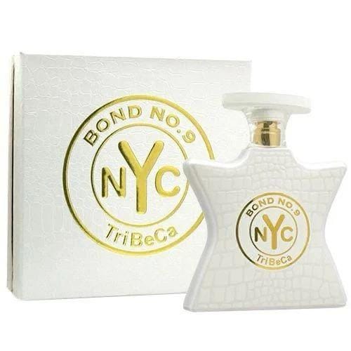 Bond No. 9 New York Tribeca perfume bottle and matching white box with gold NYC emblem.