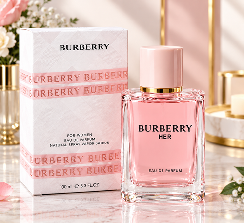 Burberry Her Eau de Parfum for women in a pink 100 ml perfume bottle with matching Burberry presentation box.