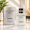 Chanel Allure Homme Sport Eau de Toilette 100 ml silver fragrance bottle with black cap and matching presentation box.