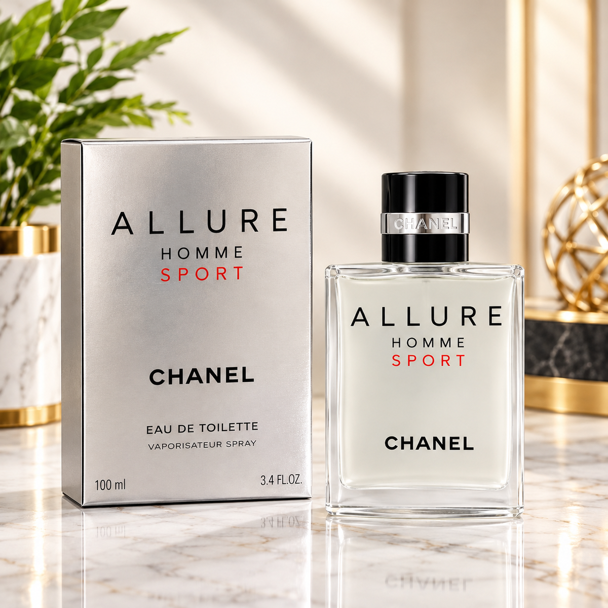 Chanel Allure Homme Sport Eau de Toilette 100 ml silver fragrance bottle with black cap and matching presentation box.