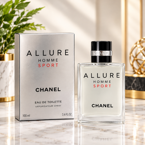Chanel Allure Homme Sport Eau de Toilette 100 ml silver fragrance bottle with black cap and matching presentation box.