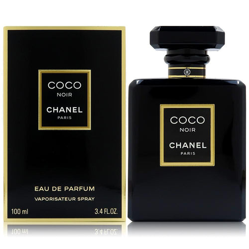 Chanel Coco Noir Eau de Parfum perfume in a glossy black bottle with gold accents beside its matching black and gold box, 100 ml.