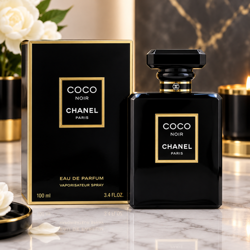 Chanel Coco Noir Eau de Parfum perfume in a glossy black bottle with gold accents beside its matching black and gold box, 100 ml.