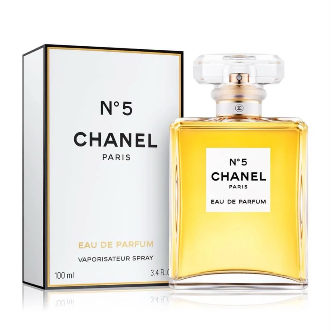 Chanel N°5 Eau de Parfum for Women, 100 ml (3.4 fl oz), in a classic glass perfume bottle with its retail box.
