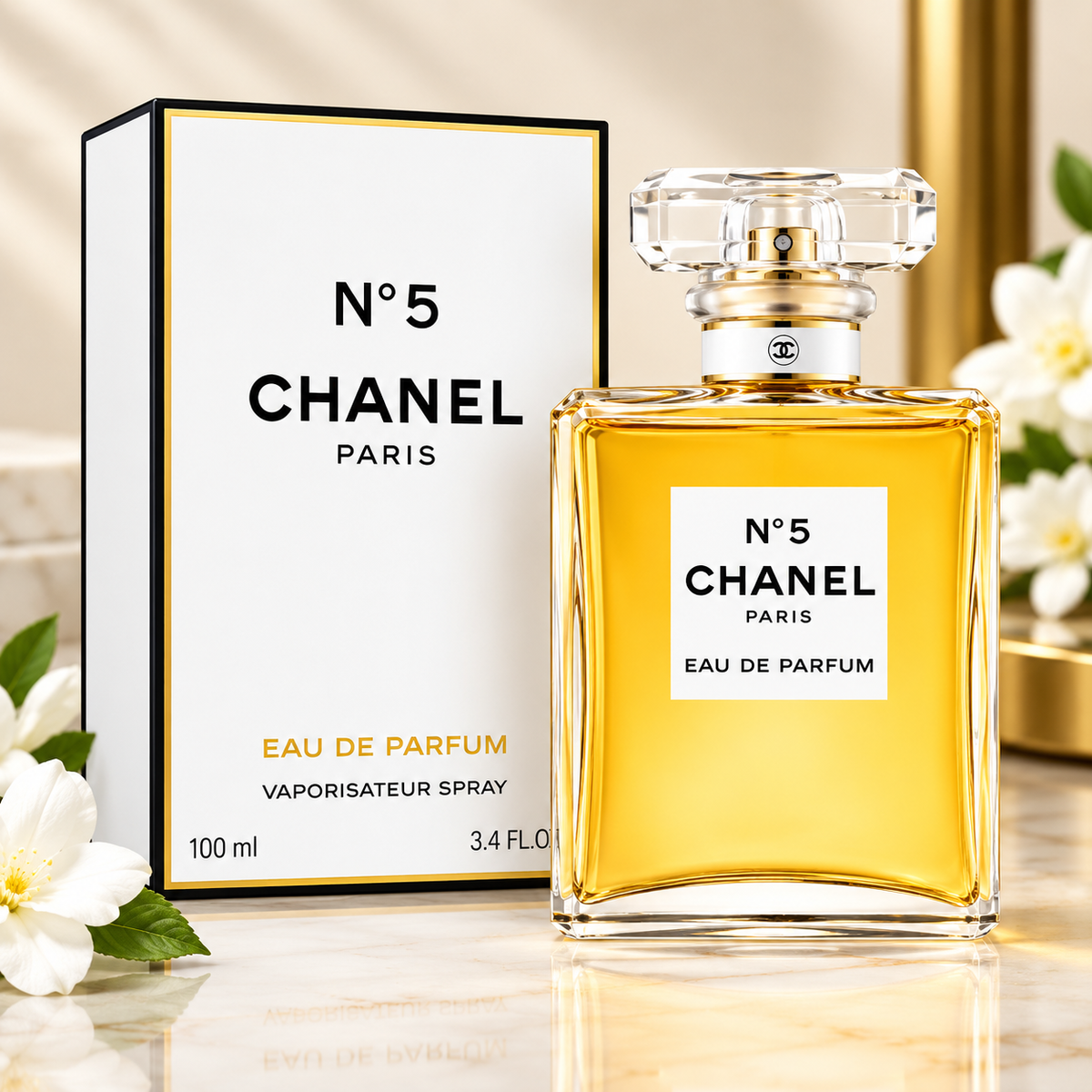 Chanel N°5 Eau de Parfum for Women, 100 ml (3.4 fl oz), in a classic glass perfume bottle with its retail box.

