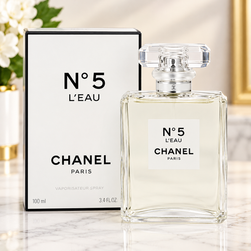 Chanel N°5 L’EAU Eau de Toilette perfume bottle with clear cap and white presentation box, 100ml.