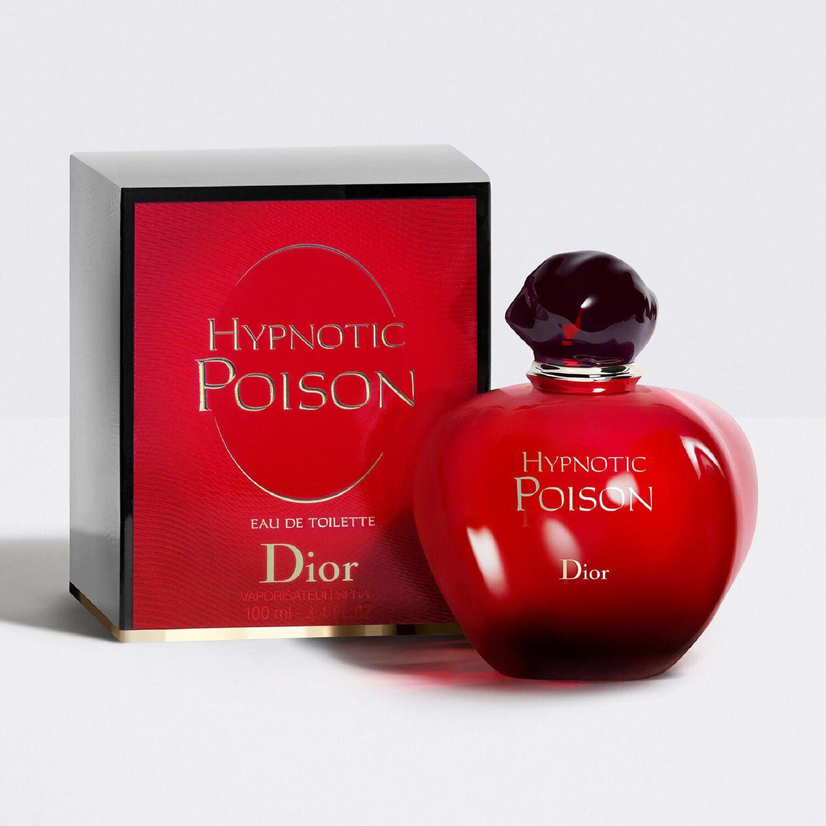  Dior Hypnotic Poison Eau de Toilette perfume in a glossy red bottle beside its matching red and black box, 100 ml.