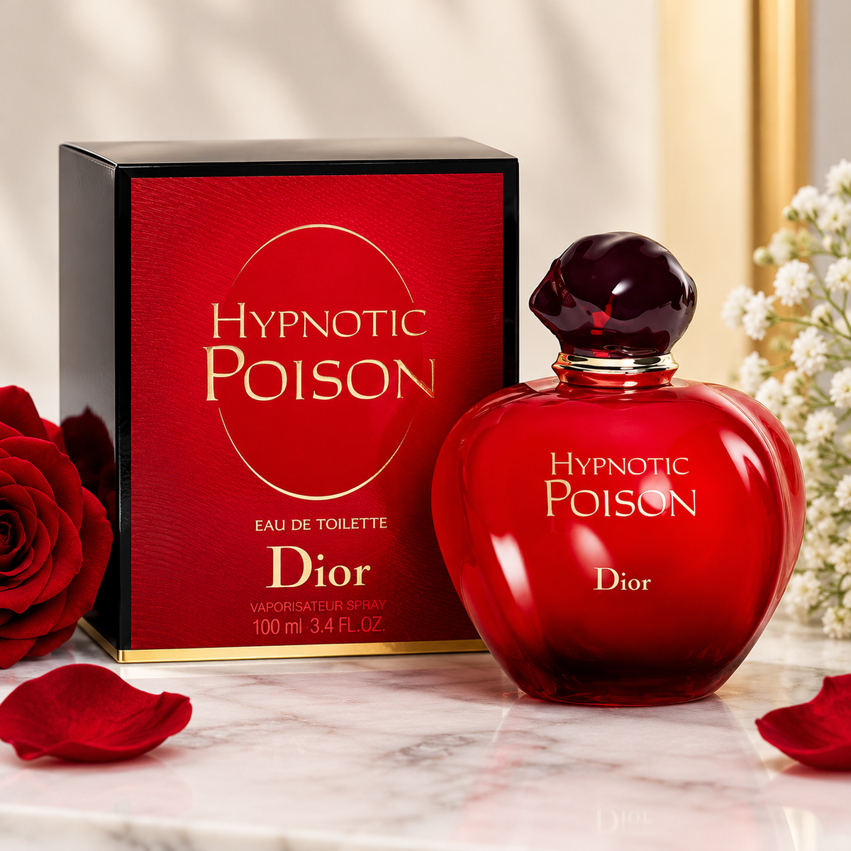  Dior Hypnotic Poison Eau de Toilette perfume in a glossy red bottle beside its matching red and black box, 100 ml.