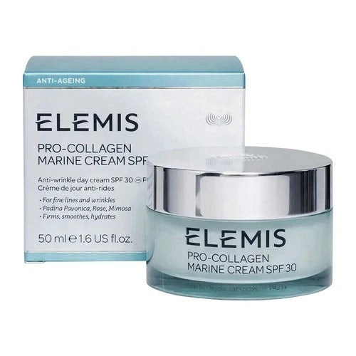 ELEMIS Pro-Collagen Marine Cream SPF 30 in a blue-green jar with a silver lid and matching product box, 50 mL.