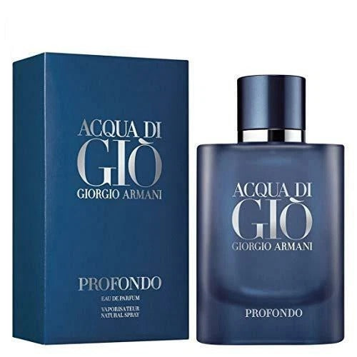 Giorgio Armani Acqua di Giò Profondo Eau de Parfum for Men in a dark blue bottle with matching blue packaging.