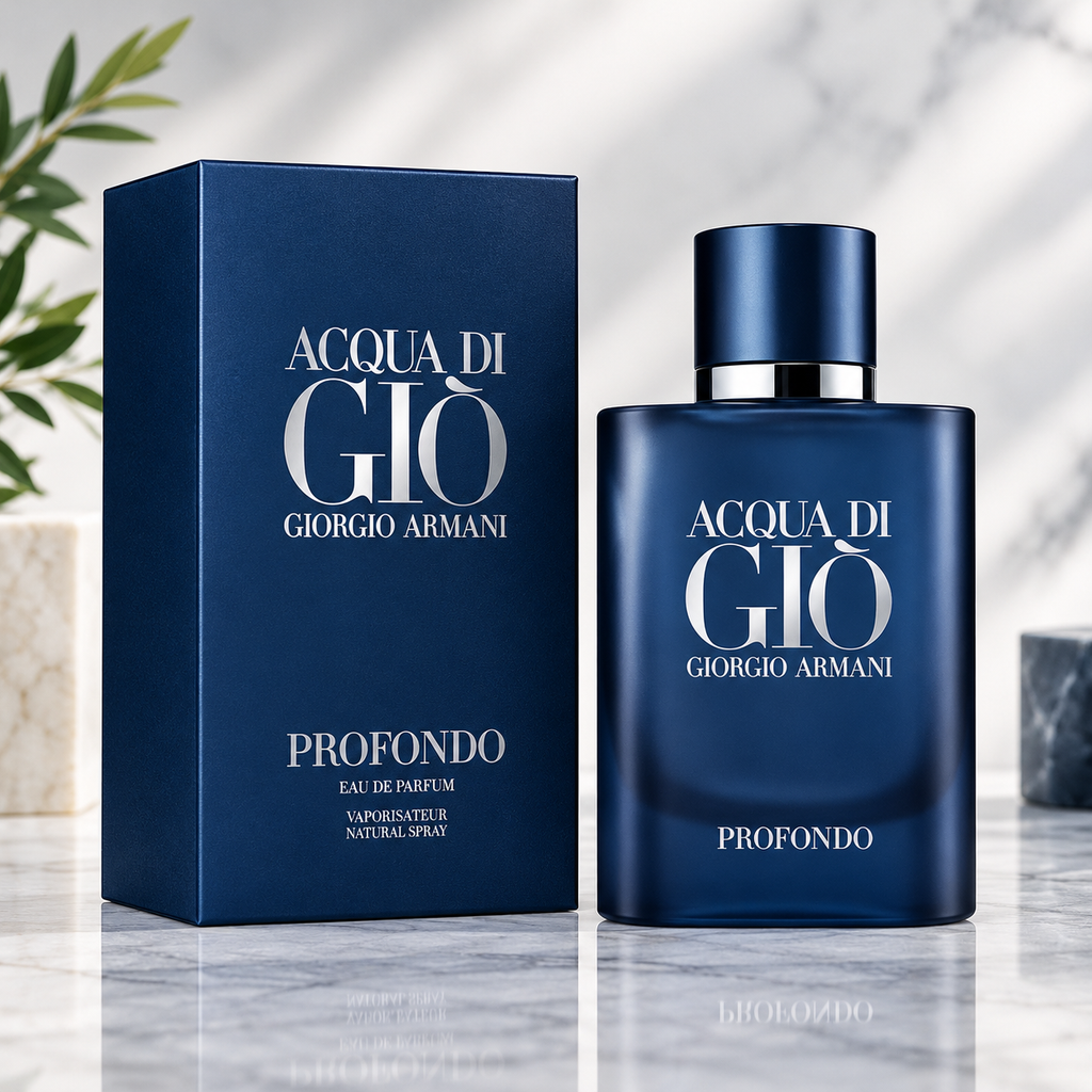 Giorgio Armani Acqua di Giò Profondo Eau de Parfum for Men in a dark blue bottle with matching blue packaging.