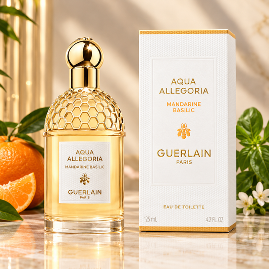 Gu erlain Aqua Allegoria Mandarine Basilic Eaude Toilette fragrance bottle and white presentation box, 4.2 fl oz (125 ml).