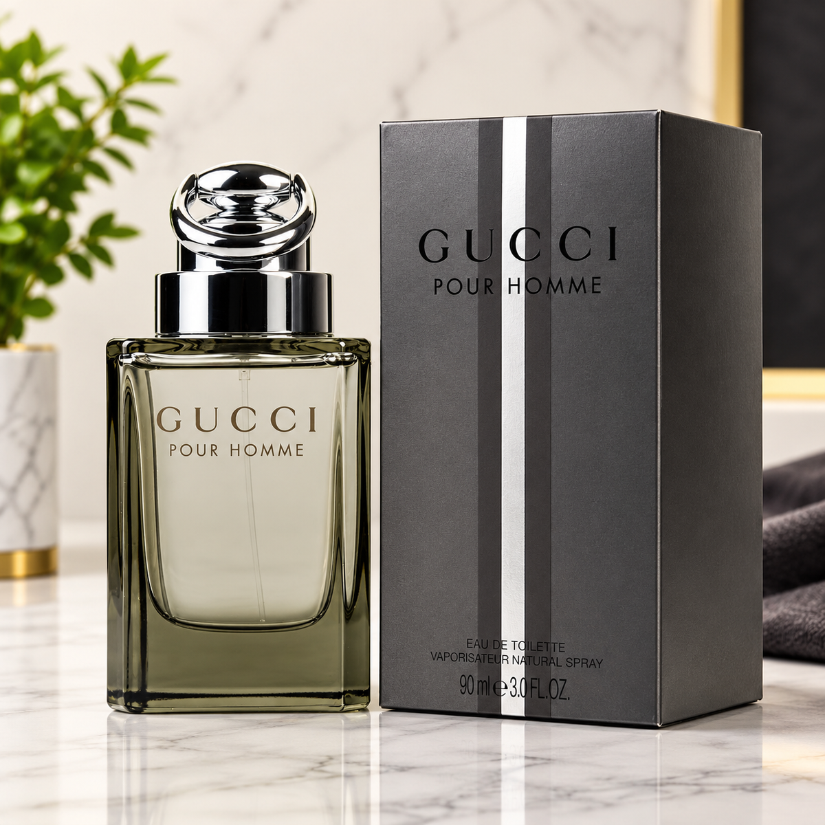 Gucci Pour Homme men's Eau de Toilette perfume 90ml spray bottle with dark grey presentation box.