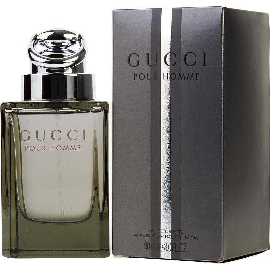 Gucci Pour Homme men's Eau de Toilette perfume 90ml spray bottle with dark grey presentation box.