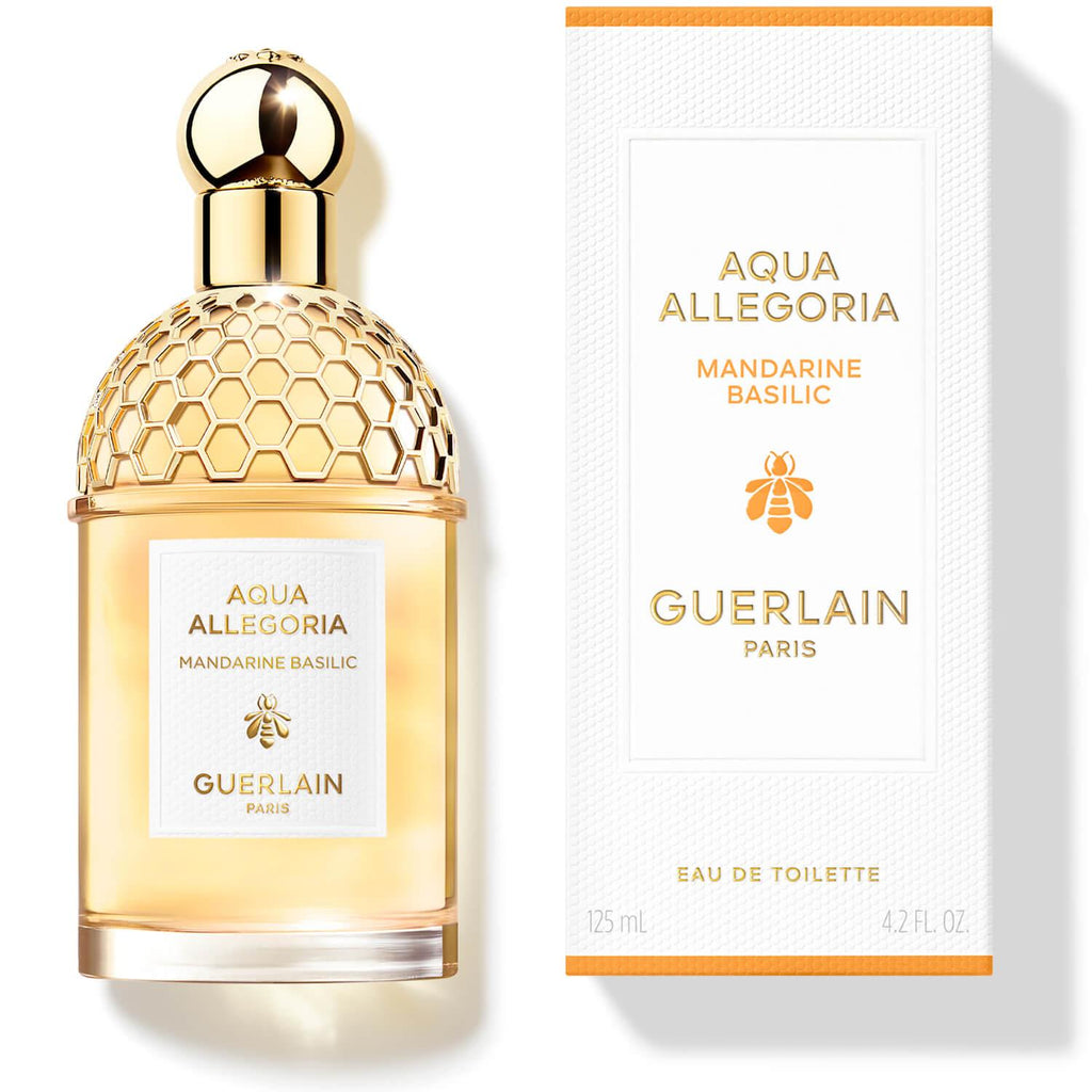 Guerlain Aqua Allegoria Mandarine Basilic Eau de Toilette fragrance bottle and white presentation box, 4.2 fl oz (125 ml).