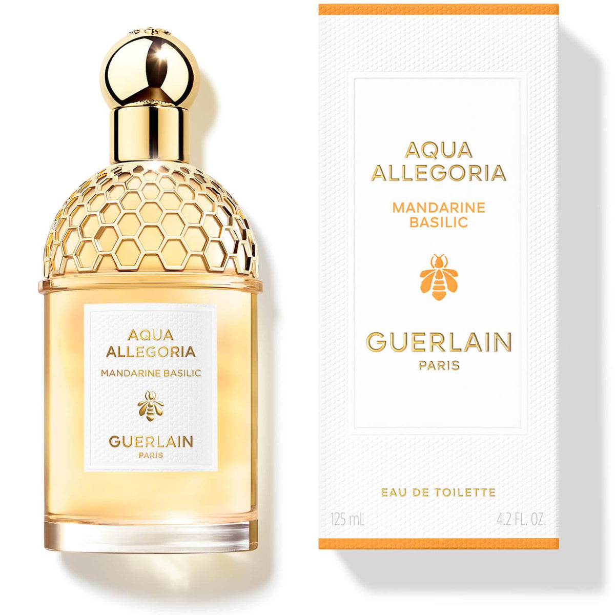 Guerlain Aqua Allegoria Mandarine Basilic Eau de Toilette fragrance bottle and white presentation box, 4.2 fl oz (125 ml).