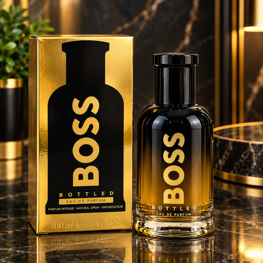 Hugo Boss BOSS Bottled Eau de Parfum for Men, 3.3 oz (100 ml), with dark glass perfume bottle and gold presentation box.
