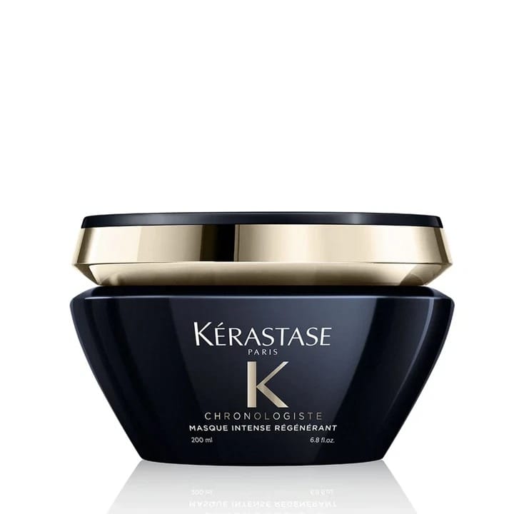 Kérastase Paris Chronologiste Masque Intense Régénérant hair mask in a black jar with a gold lid, 200 mL.
