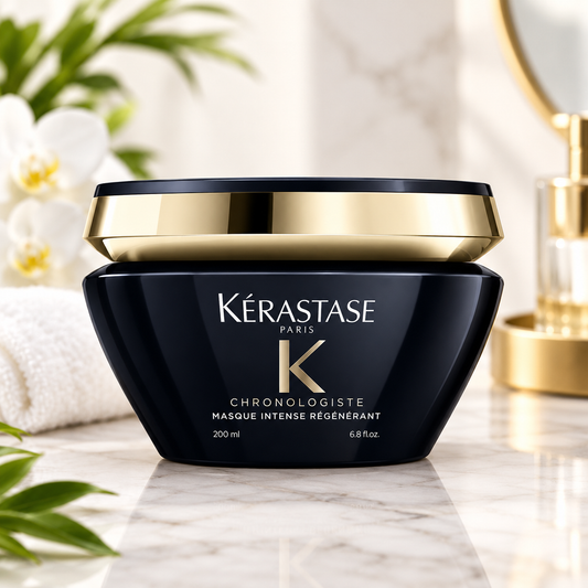Kérastase Paris Chronologiste Masque Intense Régénérant hair mask in a black jar with a gold lid, 200 mL.

