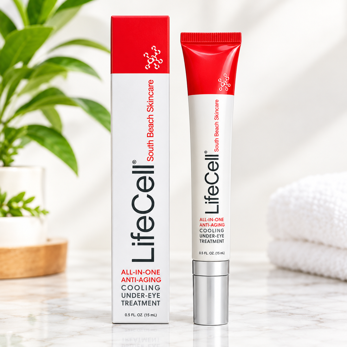 LifeCell South Beach Skincare All-in-One Anti-Aging Cooling Under-Eye Treatment tube and box.