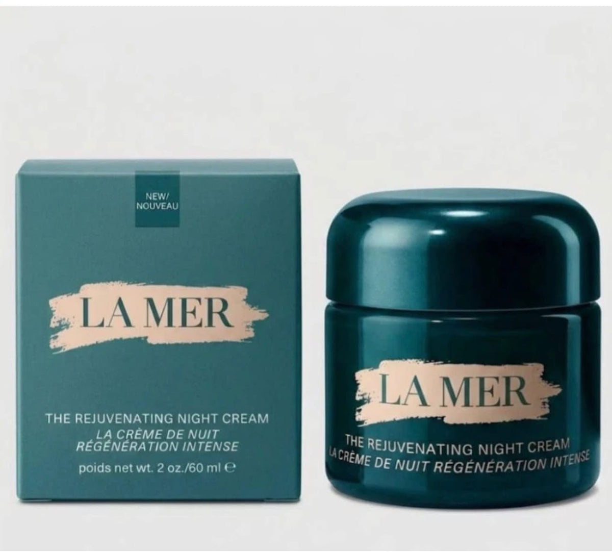 La Mer The Rejuvenating Night Cream in a teal jar with matching teal packaging, 60ml / 2 oz.