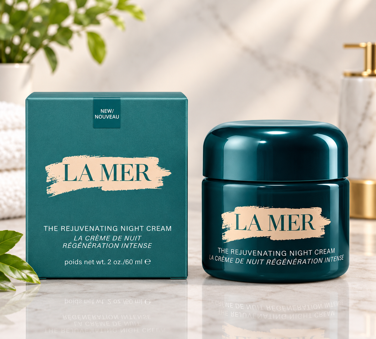 La Mer The Rejuvenating Night Cream in a teal jar with matching teal packaging, 60ml / 2 oz.