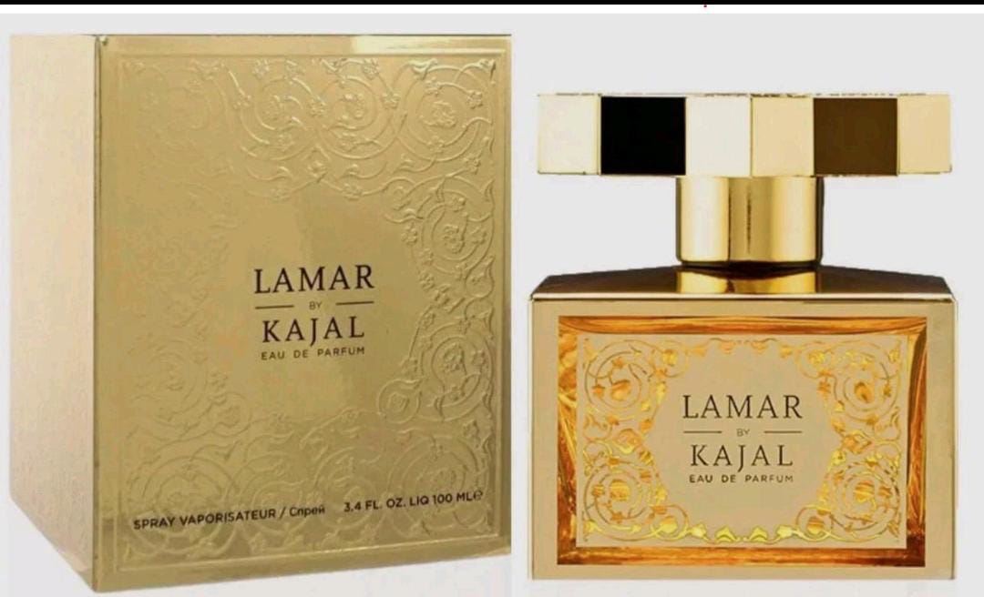 Lamar by Kajal Eau de Parfum, 100 ml (3.4 fl oz), in a decorative gold-toned perfume bottle with matching gold packaging.