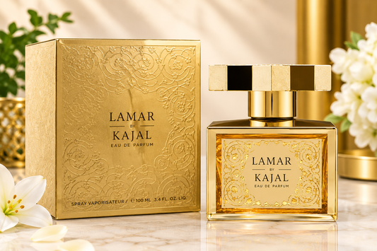 Lamar by Kajal Eau de Parfum, 100 ml (3.4 fl oz), in a decorative gold-toned perfume bottle with matching gold packaging.