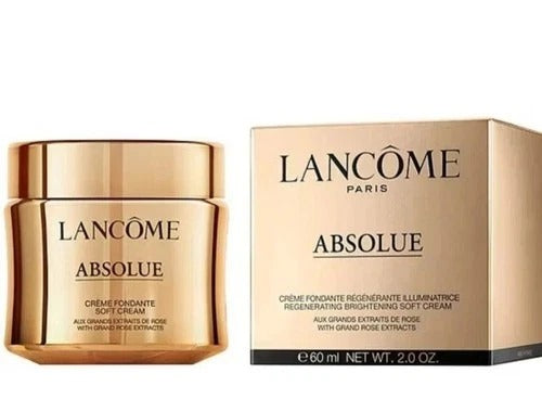 Lancôme Absolue Regenerating Brightening Soft Cream 2.0 oz 60 mL gold jar with matching cream-colored box.
