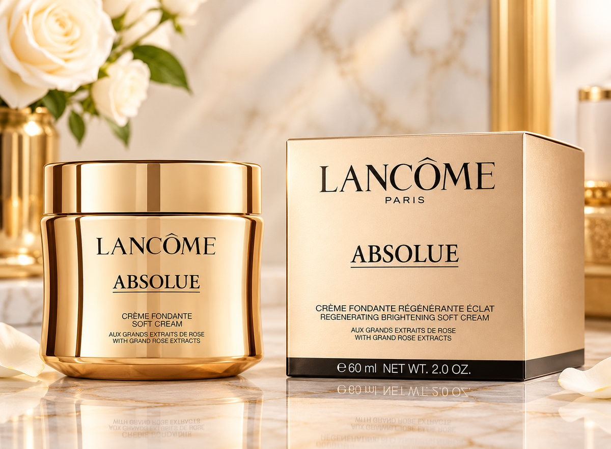 Lancôme Absolue Regenerating Brightening Soft Cream 2.0 oz 60 mL gold jar with matching cream-colored box.

