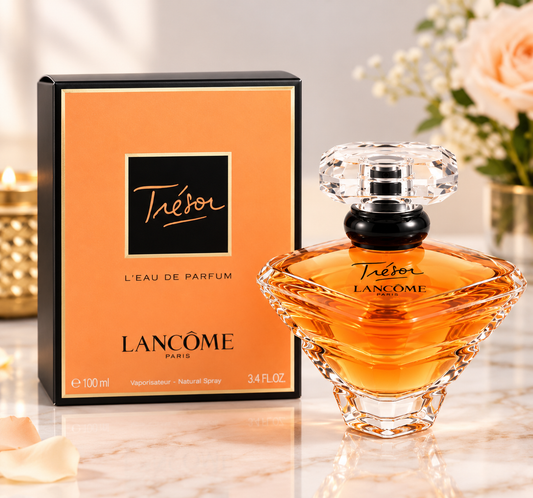 Lancôme Trésor Eau de Parfum for Women, 100 ml (3.4 fl oz), featuring an amber-colored perfume bottle and matching orange box.