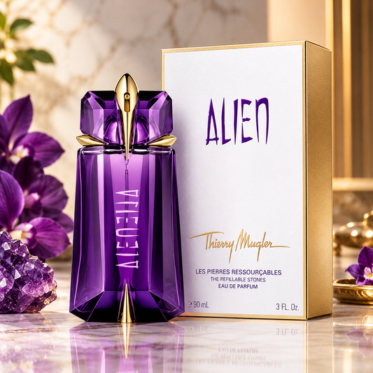 Mugler Alien women's Eau de Parfum in a purple gemstone-inspired bottle with gold accents and matching presentation box, 3.0 fl oz (90 ml).