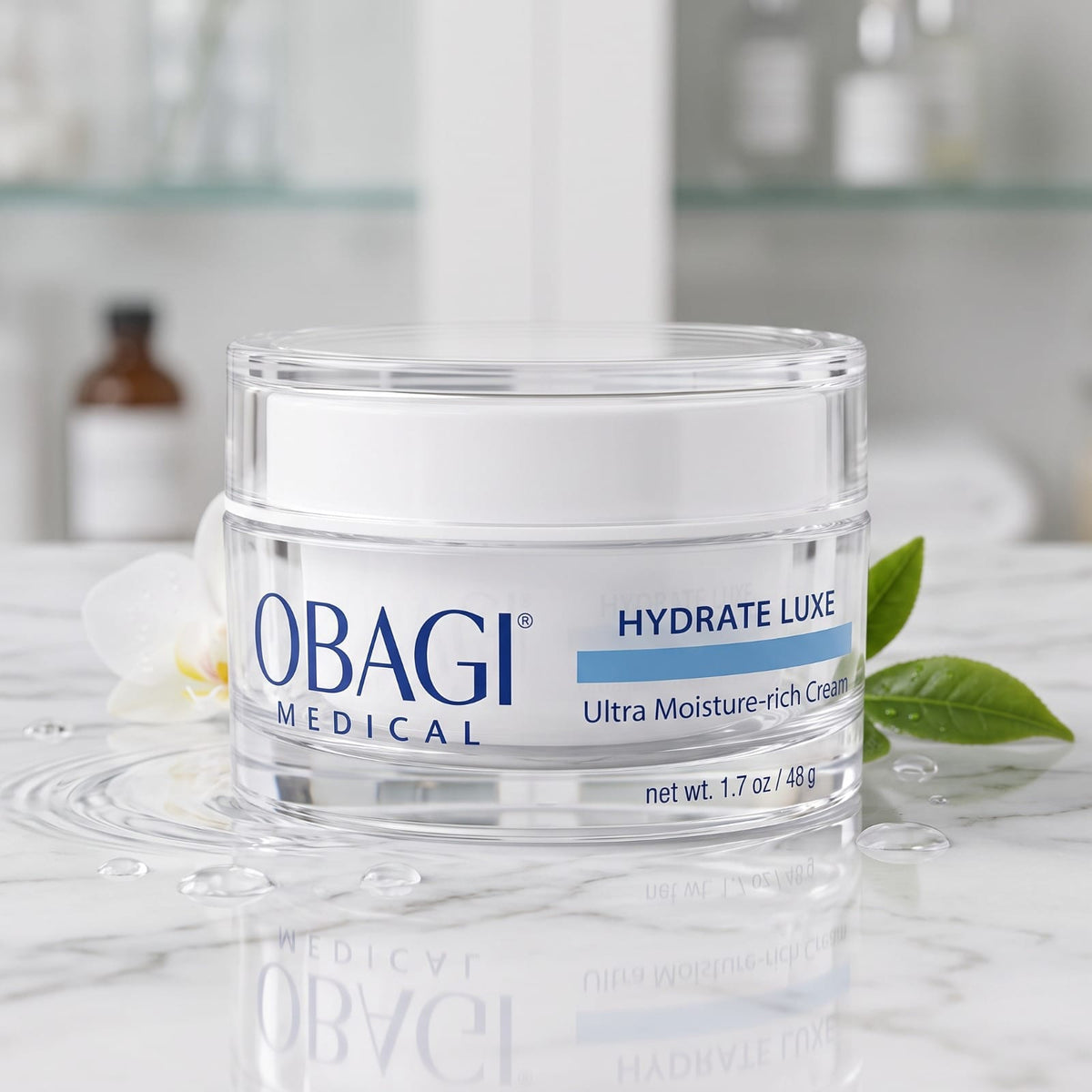 Obagi Medical Hydrate Luxe Ultra Moisture-Rich Cream in a clear cosmetic jar, 1.7 oz (48 g).
