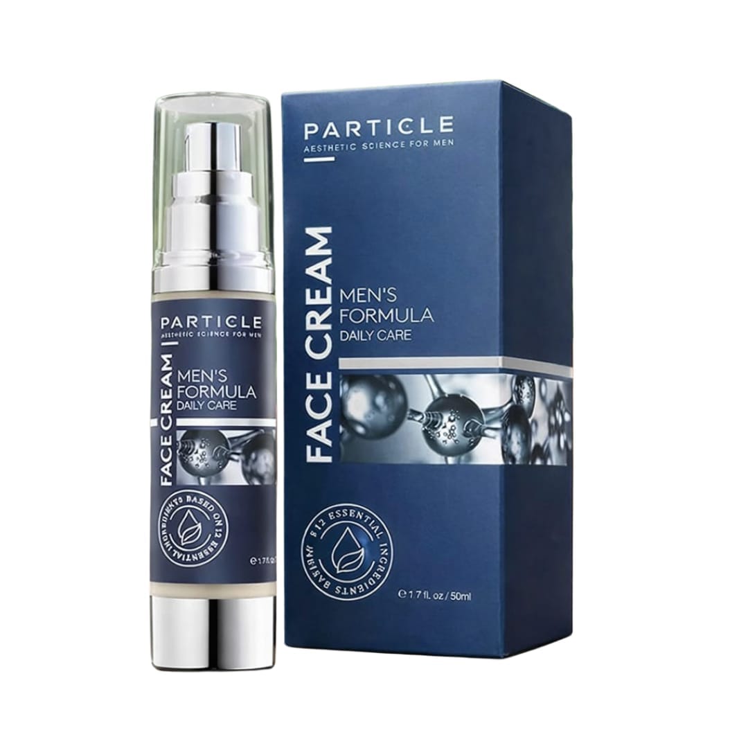 Particle Men's Face Cream daily care formula in a navy-blue 50 ml pump bottle with matching product packaging.