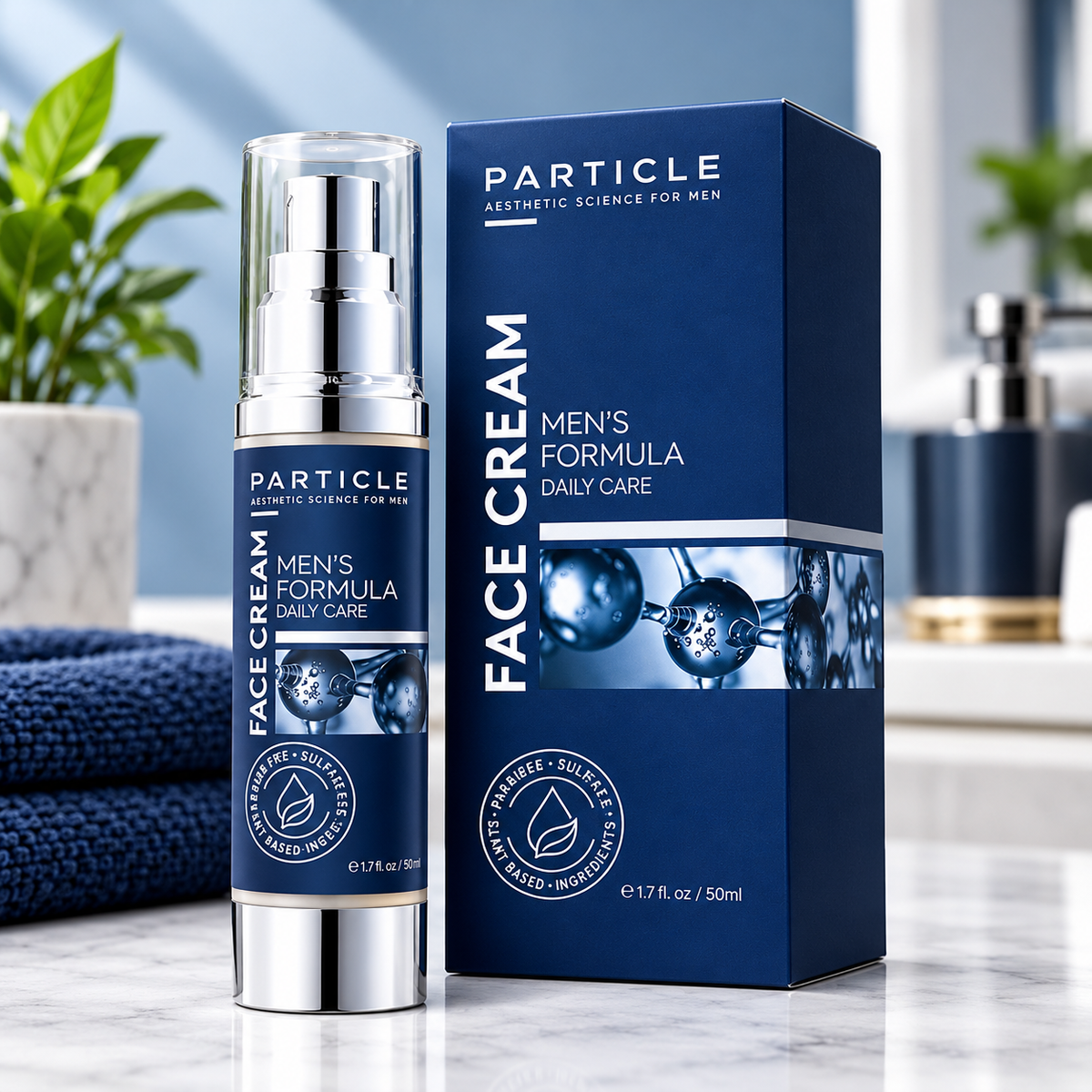 Particle Men's Face Cream daily care formula in a navy-blue 50 ml pump bottle with matching product packaging.