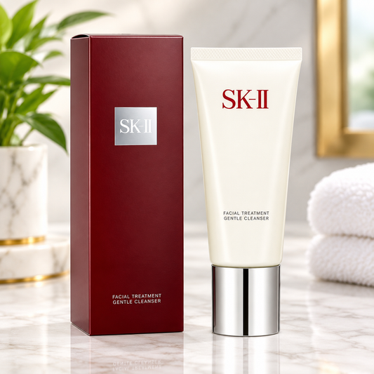 SK-II Facial Treatment Gentle Cleanser in a white tube with a metallic cap and burgundy product box.