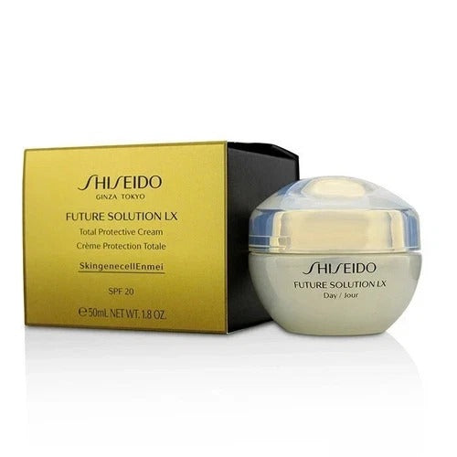  Shiseido Future Solution LX Total Protective Cream SPF 20, 1.8 oz 50 mL jar with gold and black packaging.