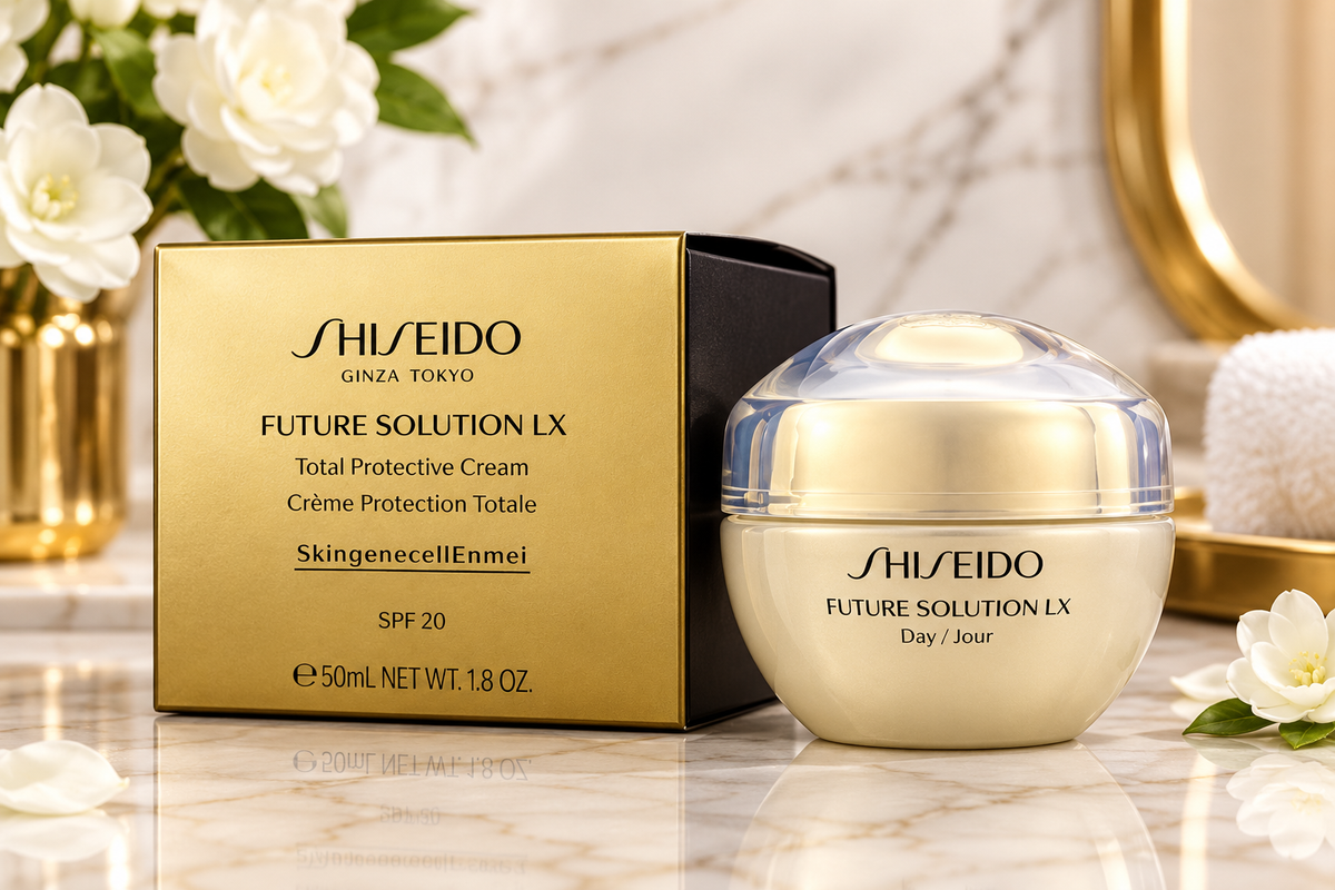  Shiseido Future Solution LX Total Protective Cream SPF 20, 1.8 oz 50 mL jar with gold and black packaging.