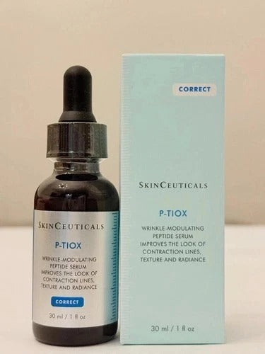 SkinCeuticals P-Tiox Wrinkle-Modulating Peptide Serum in a dark dropper bottle with a light teal box, 30ml / 1 fl oz.