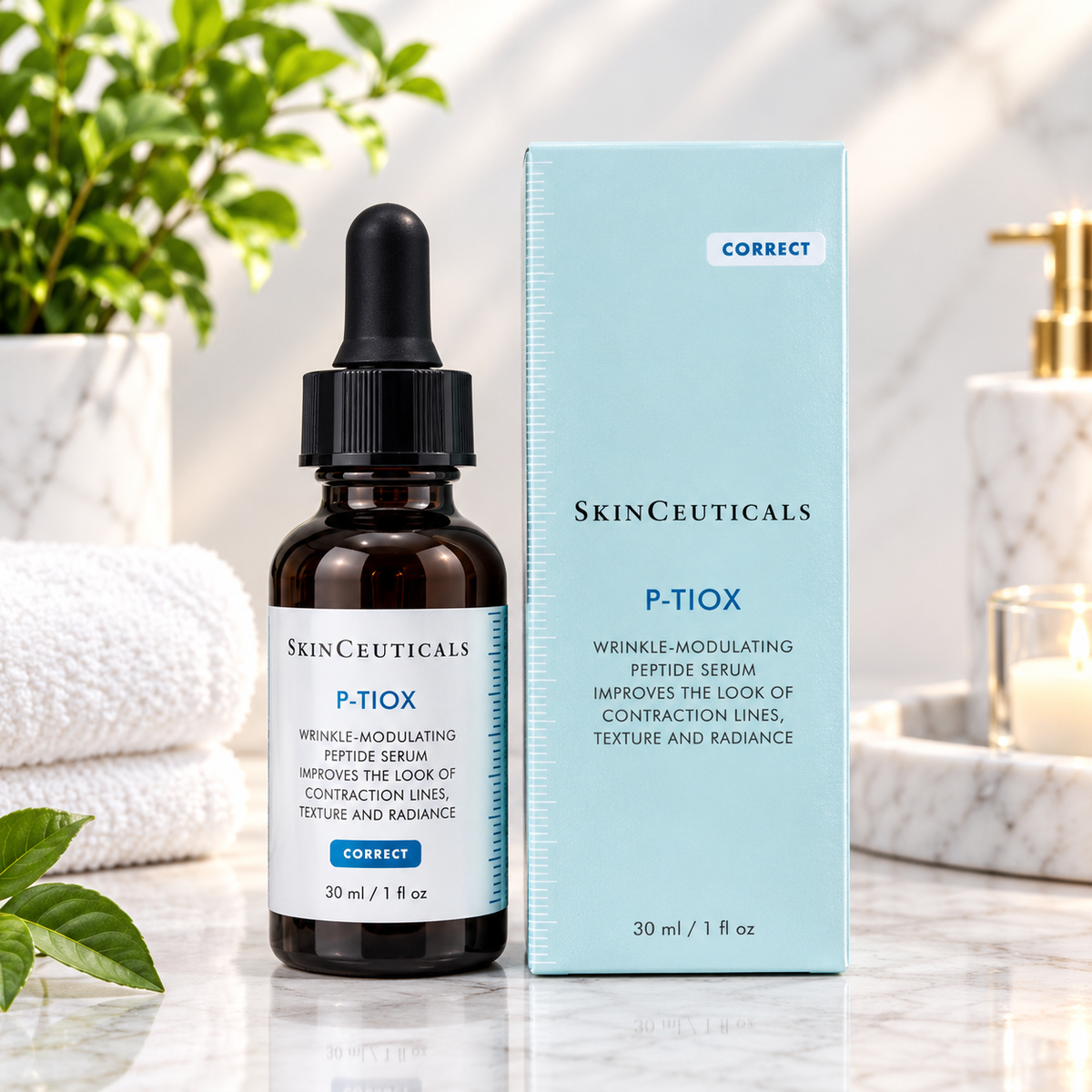 SkinCeuticals P-Tiox Wrinkle-Modulating Peptide Serum in a dark dropper bottle with a light teal box, 30ml / 1 fl oz.