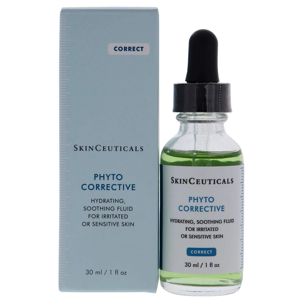 SkinCeuticals Phyto Corrective hydrating facial serum 30 ml dropper bottle with pale blue product box.