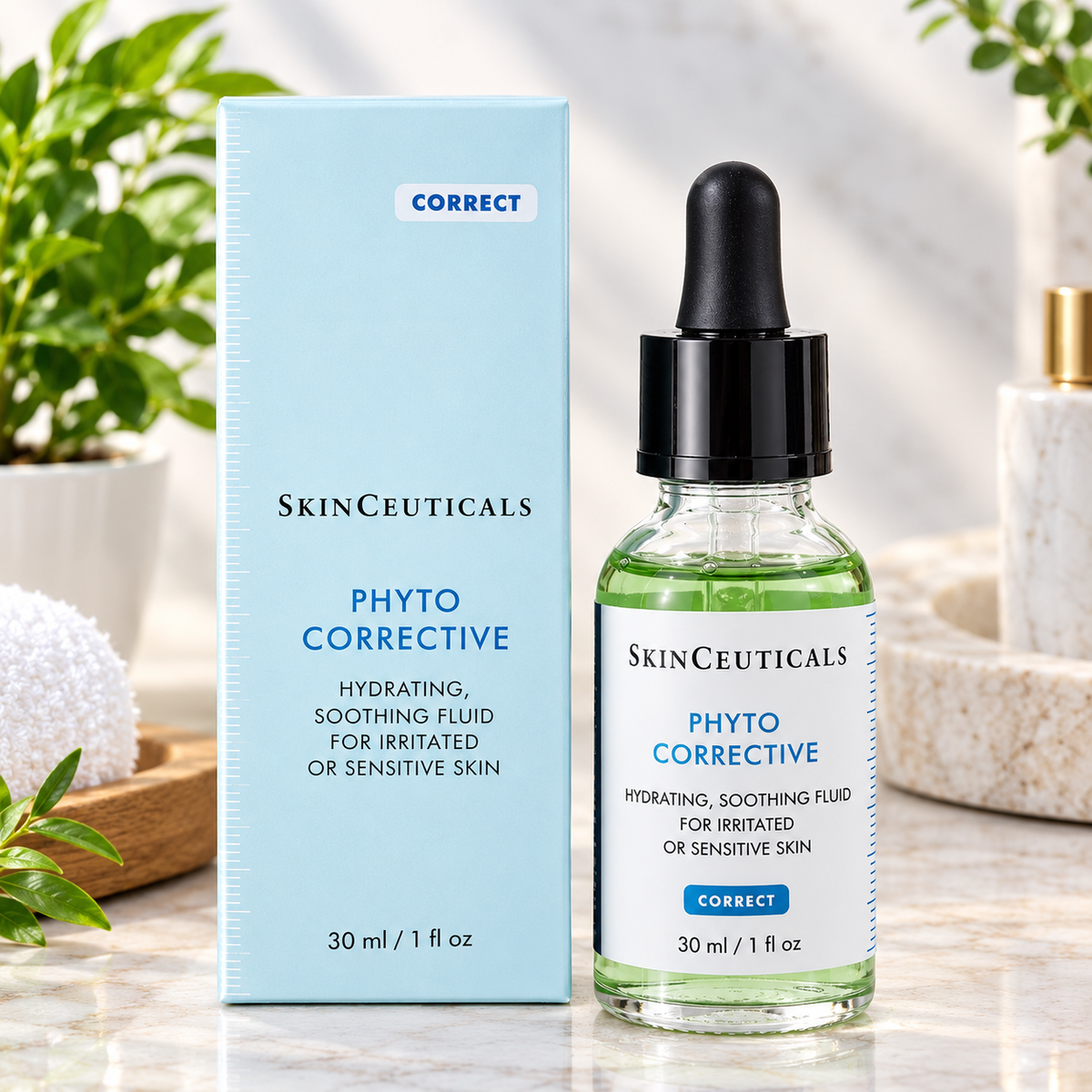 SkinCeuticals Phyto Corrective hydrating facial serum 30 ml dropper bottle with pale blue product box.